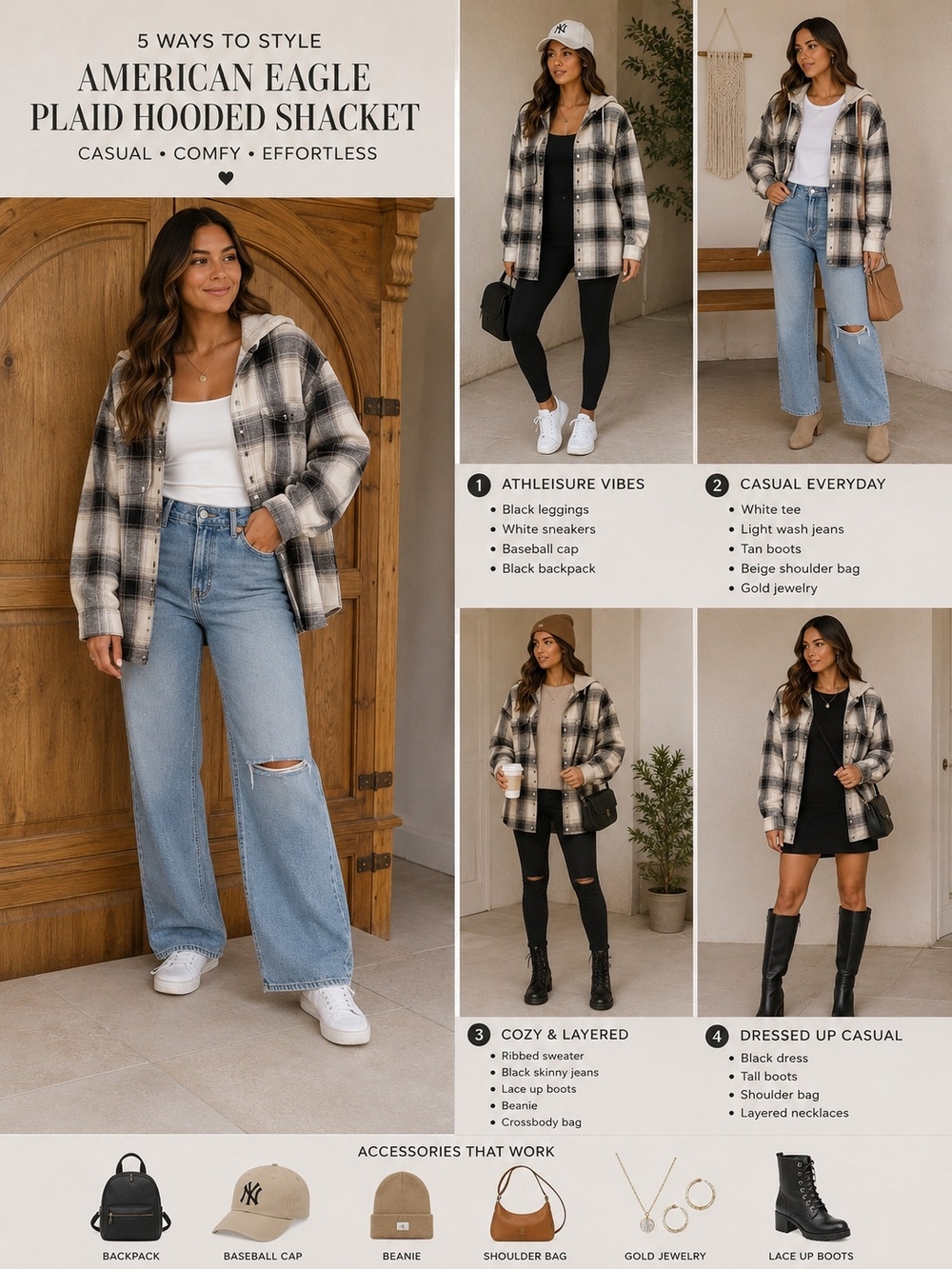 American Eagle Outfitters Black & White Plaid Hooded Shacket